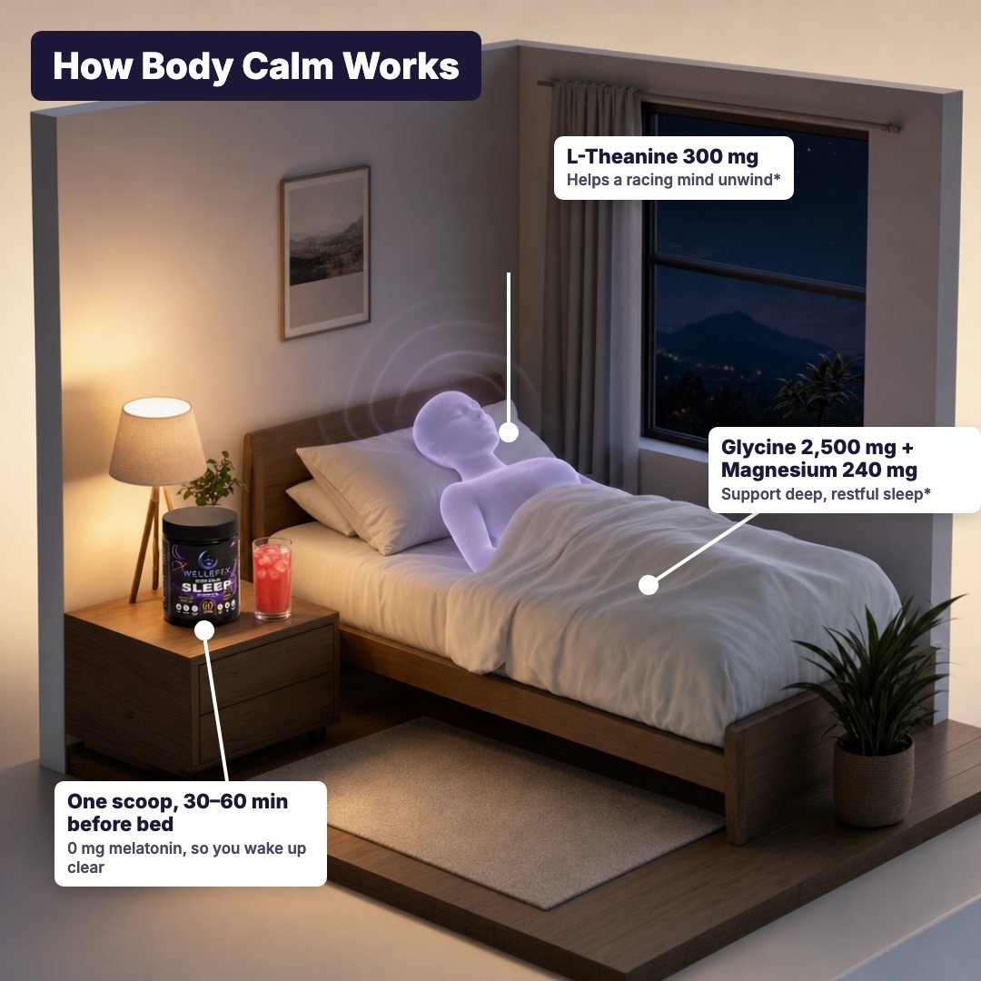How Body Calm works: L-theanine, glycine and magnesium, 0 mg melatonin
